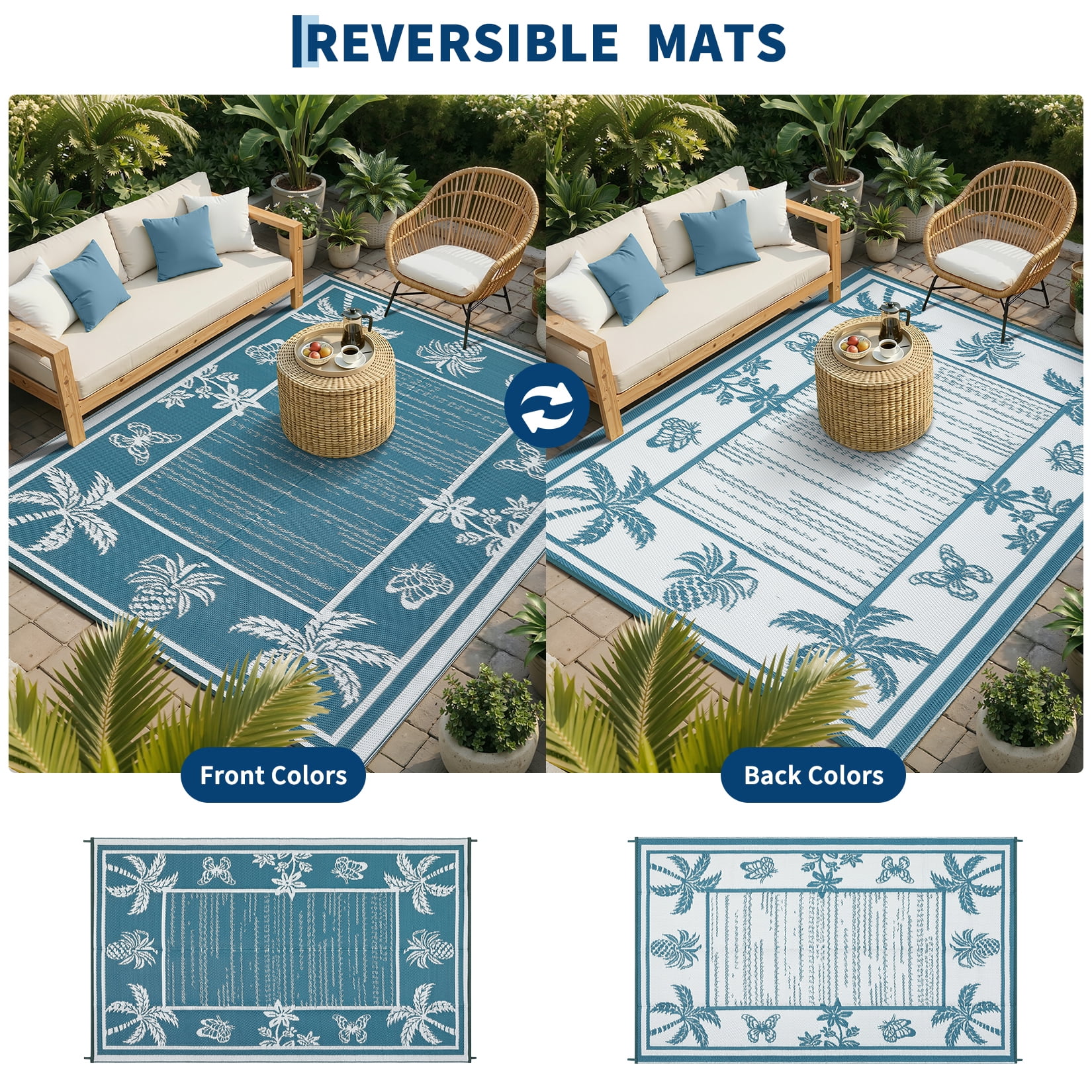 HIWEAVER Gray/Blue 8'x 10' Outdoor Rug Garden Decor Floral Bordered Carpet Plastic Straw Waterproof Reversible Patio Area Rug for Balcony Deck Picnic Portable Camping Mat