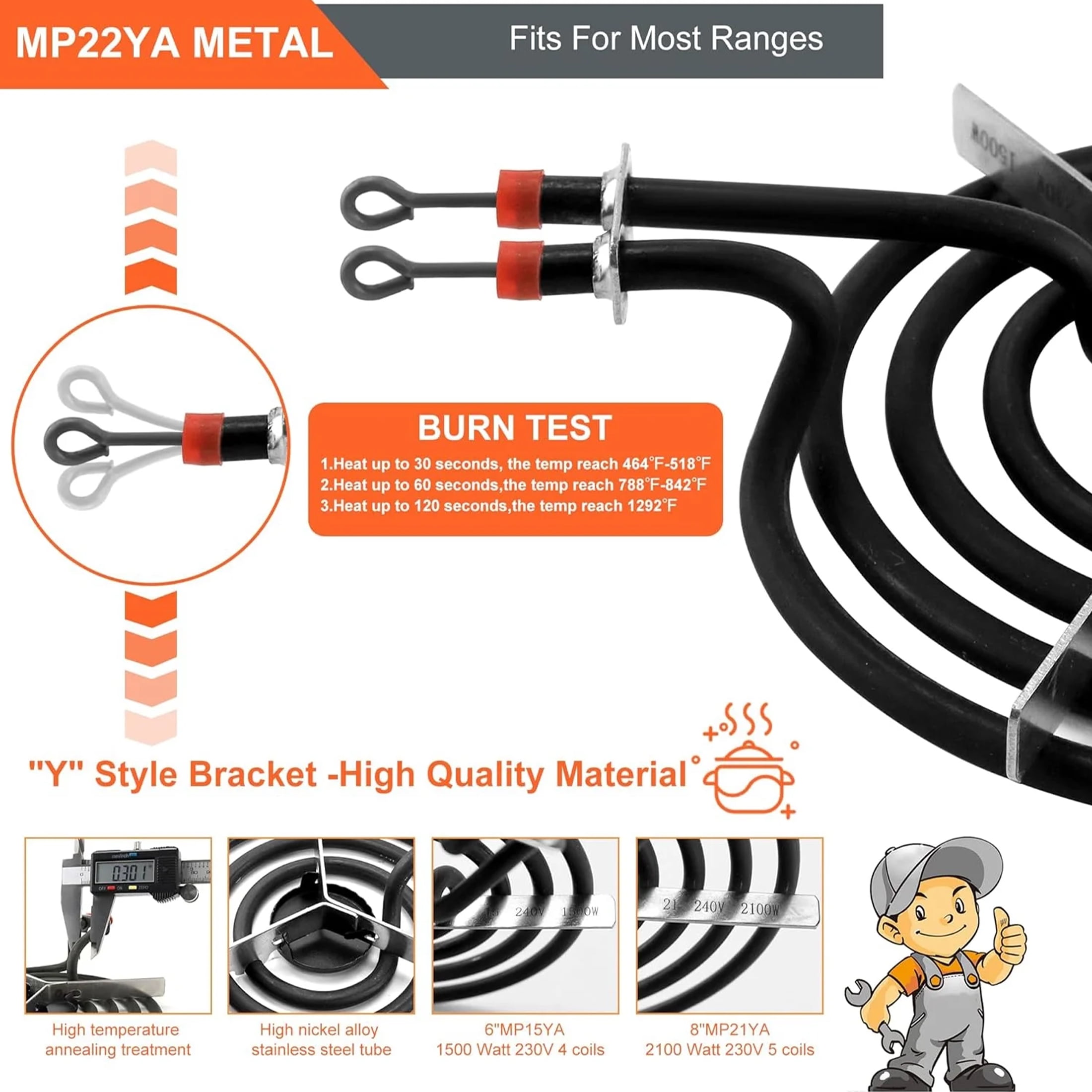 MP22YA Electric Range Burner Element Set & W10290350 W10290353 4 Pack Silver Drip Pans for Whirlpool Electric Range Stove (2 Pcs MP15YA 6" & 2 Pcs MP21YA 8")