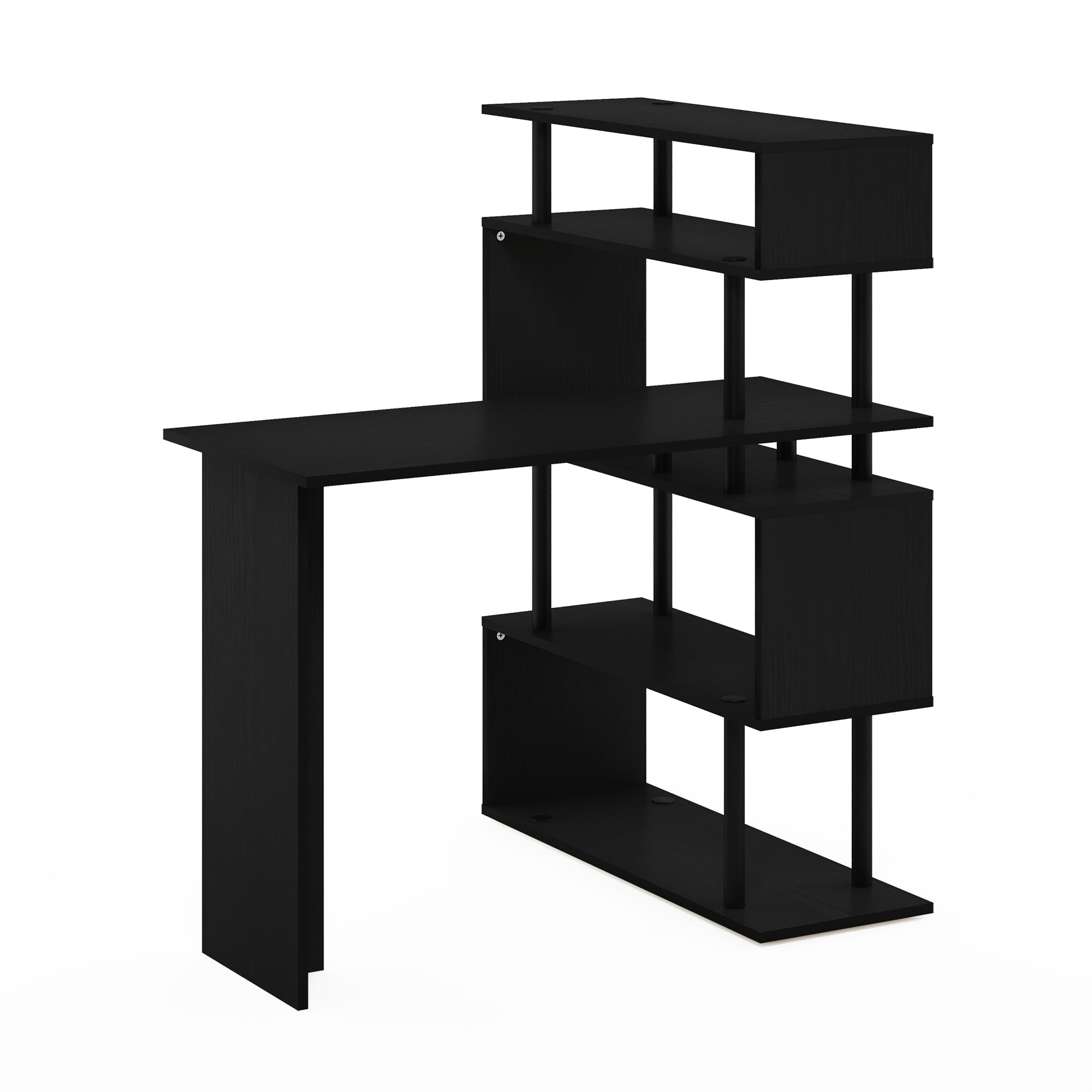 Furinno Classic L-Shape Computer Desk, Writing Desk with 5-Tier S-Shaped Side Shelves, Americano/Black