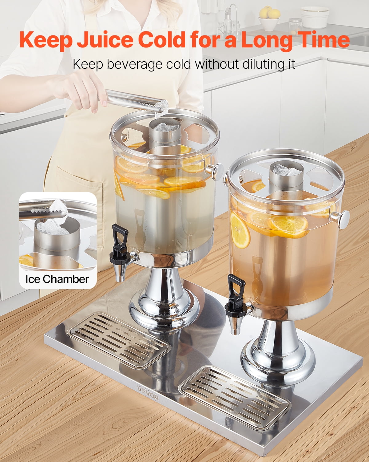 VEVOR Beverage Dispenser, 2.1 Gallon x 2 Drink Dispenser for Parties, Stainless Steel + Plastic Juice Dispensers with Spigot Ice Chamber Tray, Iced Tea Lemonade Dispensers, for Restaurants, Hotels