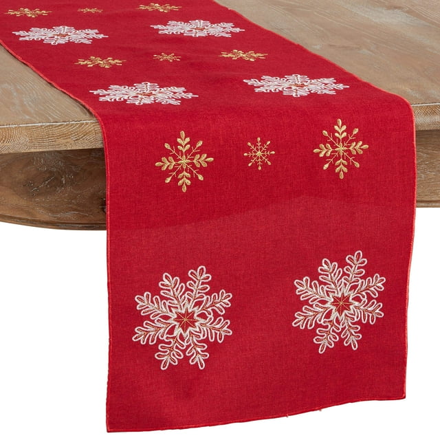 SARO LIFESTYLE Neve Collection Chemin de Table Design Flocon de Neige, 16 Pouces x 120 Pouces, Rouge