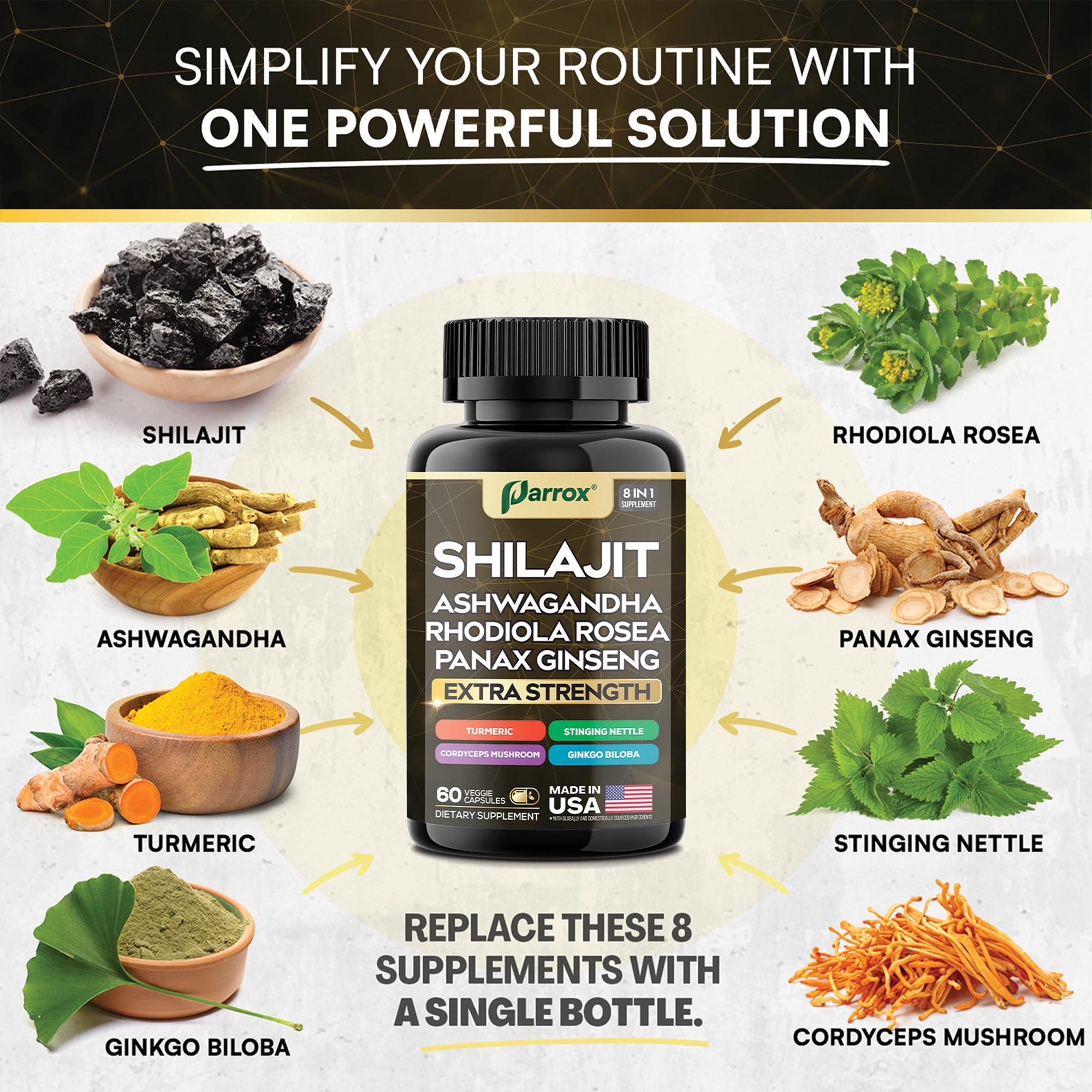 Parrox Shilajit Supplement, Panax Ginseng, Ashwagandha, Rhodiola Rosea, Cordyceps Mushroom, Stinging Nettle, Turmeric, Gingko Biloba – Pure Shilajit All In One Supplements for Men and Women (60 Caps)