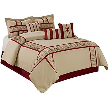 7 piece comforter set queen- taupe microfiber ruffle and patchwork-marma bed in a bag queen size-includes 1 comforter,2 shams,3 decorative pillows,1 bedskirt