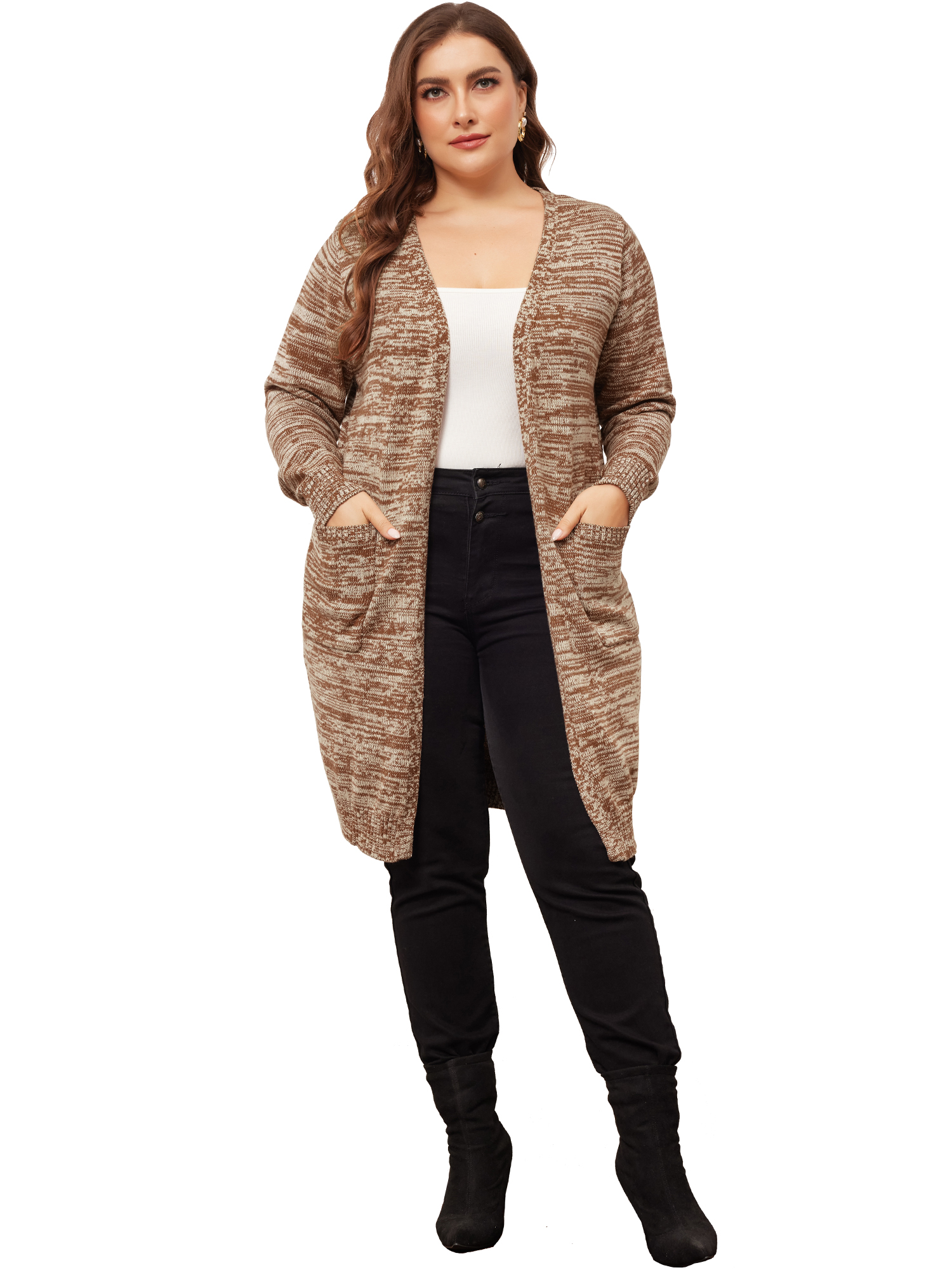 DARING DIVA Plus Size Contrast Color Open Front Long Sleeve Cardigan 4X Brown