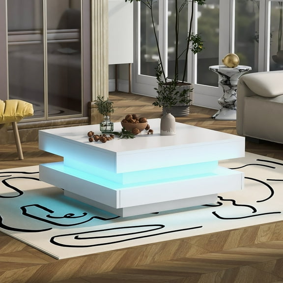 EUROCO 31.5“ Modern LED Coffee Table,White High Glossy Square Coffee End Table Waterproof UV Surface for Living Room