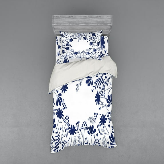 Ambesonne Spring Bedding Set 3 Pcs, Botanic Flowers Leaves, Twin XL, Indigo White