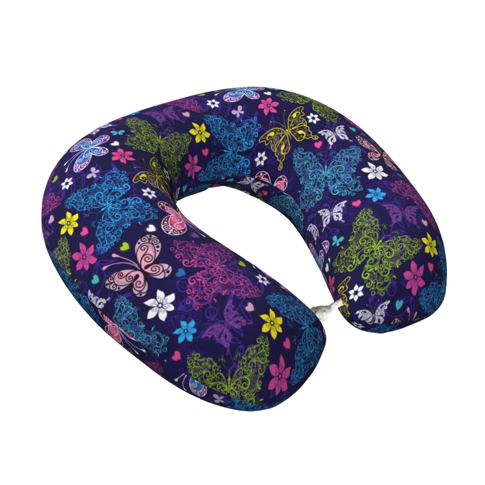Xecao Colorful Butterflies Print Memory Foam Cervical Neck Pillow Versatile U-Shaped Pillows for Home,Office,Camping,Travelling,Soft Washable Cover