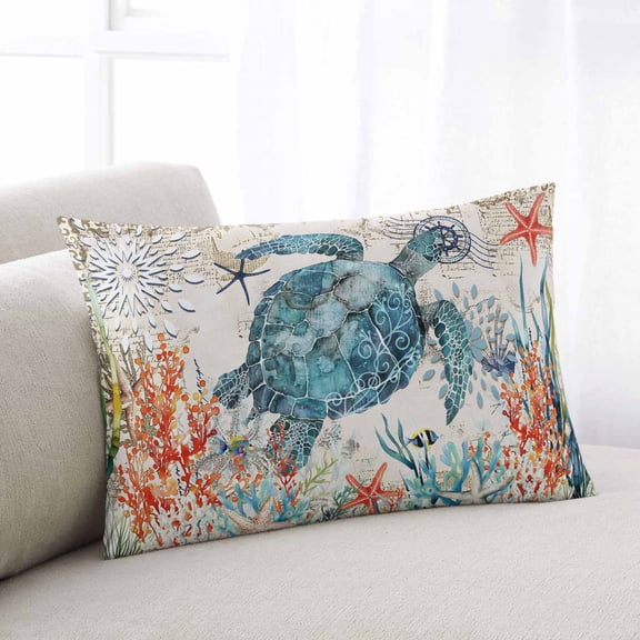 Sea Turtle Coastal Throw Pillow Cover, Pillowcase Protectors with Zipper, Breathable Decorative Lumbar Pillow Case Cover, Vintage Beach Coral Starfish Nautical Pillow Shams for Couch Sofa 16x24Inch