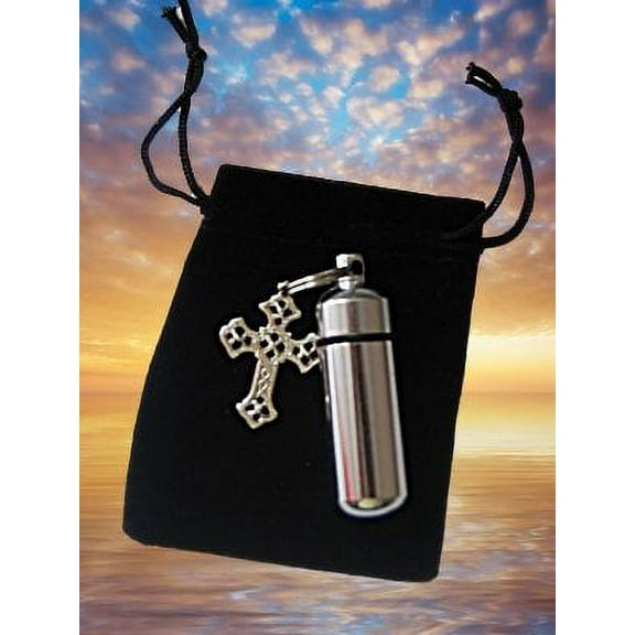 Silver Filigree Cross Anointing Oil Vial Holder Keychain with Velvet Pouch