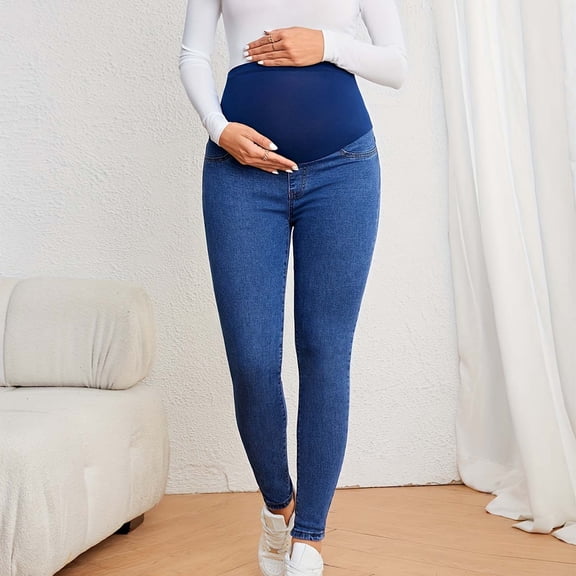 QIUOMBBP Womens Maternity Jeans Over Belly Skinny Stretchy Denim Trousers Comfy High Rise Pregnancy Pants with Pockets Blue L