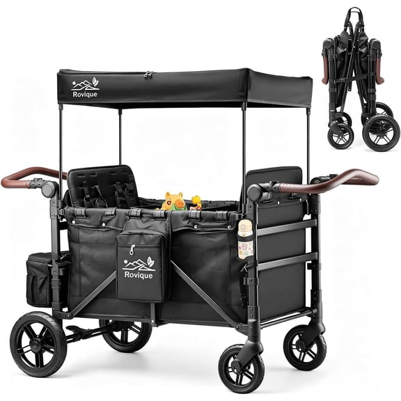 4 Seater Wagon Stroller with All-Terrain Wheels & Canopy – Deluxe Quad Push Wagon for Kids, Snack Trays, Aluminum Frame, Folds Compact for Park, Zoo, Beach, Camping