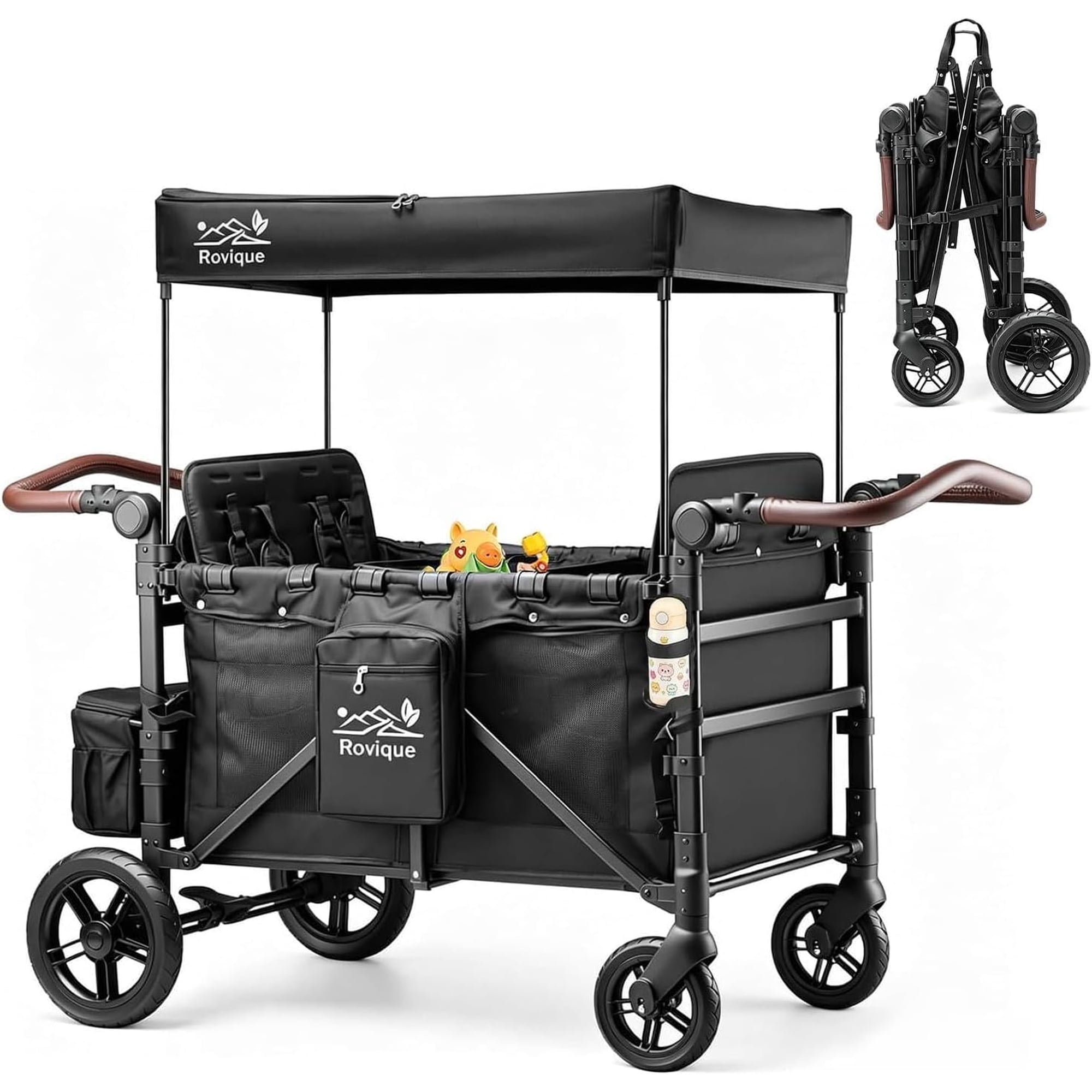 4 Seater Wagon Stroller with All-Terrain Wheels & Canopy – Deluxe Quad Push Wagon for Kids, Snack Trays, Aluminum Frame, Folds Compact for Park, Zoo, Beach, Camping