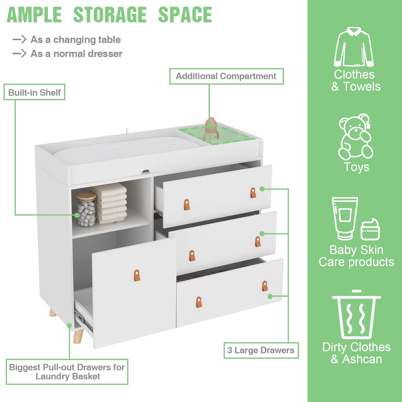 KULAGAGA Changing Table Dresser, Baby Nursery Dresser with 3 Drawers and Shelf, Top Guardrail and Large Storage Cabinet, Hidden Trash Storage, Baby Changing Dressers for Nursery Room, White