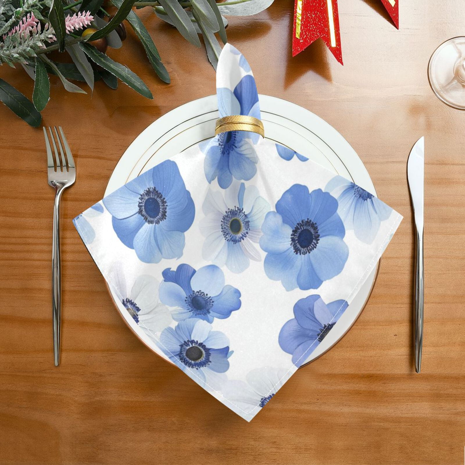 JSTEL Anemone Flowers Floral Cloth Napkins Set of 6, 20x20 Inch Washable and Reusable Napkin for Decoupage Dinner Party Everyday Use