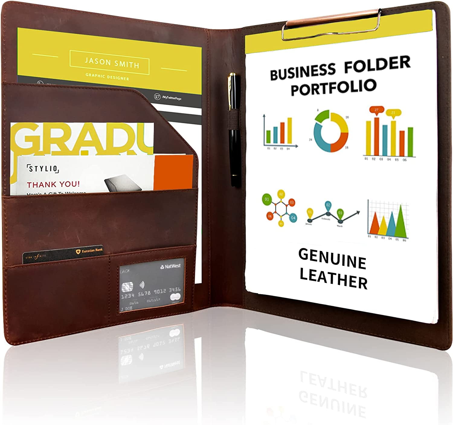 Vintage Leather Clipboard Portfolio - Letter Size Padfolio Organizer With Document Pockets