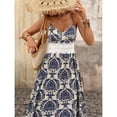 thumbnail image 6 of Blue All-Over Damask Print Lace Trim Spaghetti Strap Maxi Dress Boho Summer Beach Vacation Dress, 6 of 8