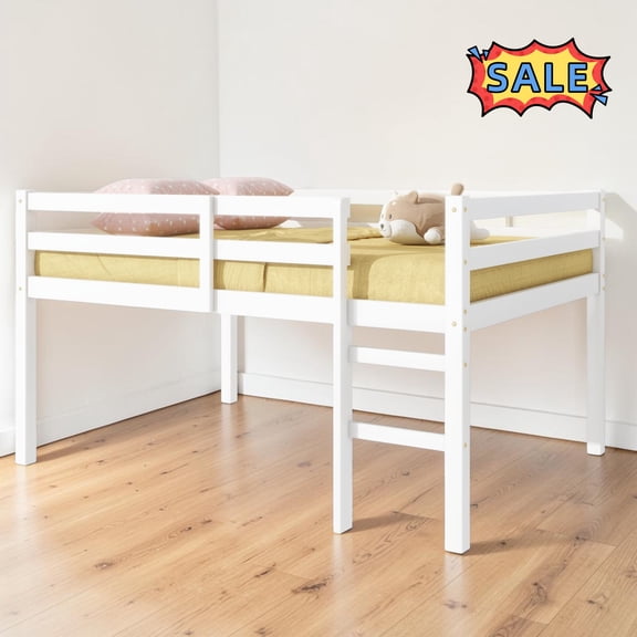Tcbosik Full Size Low Loft Bed, Wood Bed Frame with Guardrail and Ladder, No Box Spring Needed, White