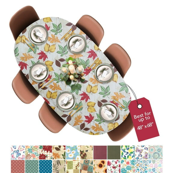 LAMINET Deluxe Elastic Edged Flannel Backed Vinyl Fitted Table Cover - All-Over Leaves Pattern - Oblong/Oval - Fits Tables up to 48"W x 68"L (ETLEAV76-C4H)