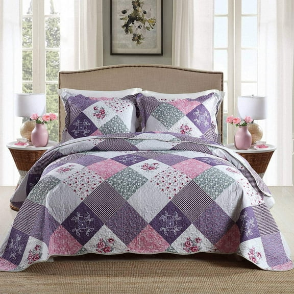 WannaToo Quilt Set 3 Piece Microfiber Quilts Reversible Bedspreads Patchwork Coverlets Floral Bedding Set All Season, Purple Rose, King size