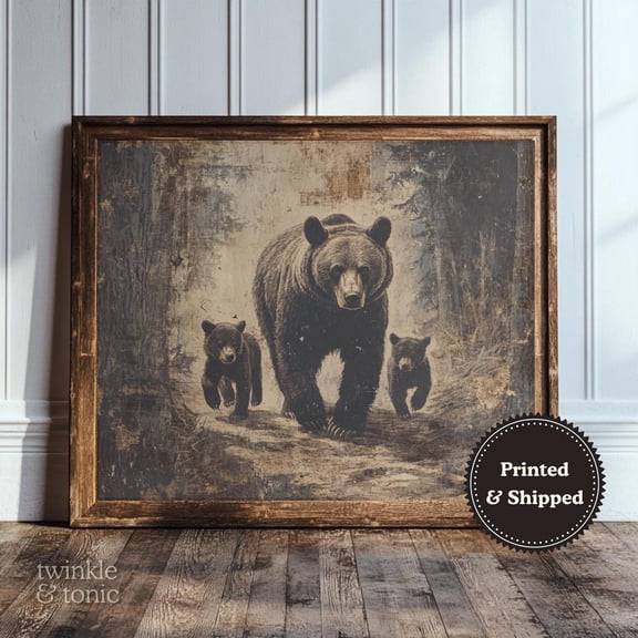 PosterArt Vintage Grizzly Bear Art Print Dark Forest Wall Décor Moody Woodland Poster Rustic Farmhouse Cabin Style, 8x12 UNFRAMED