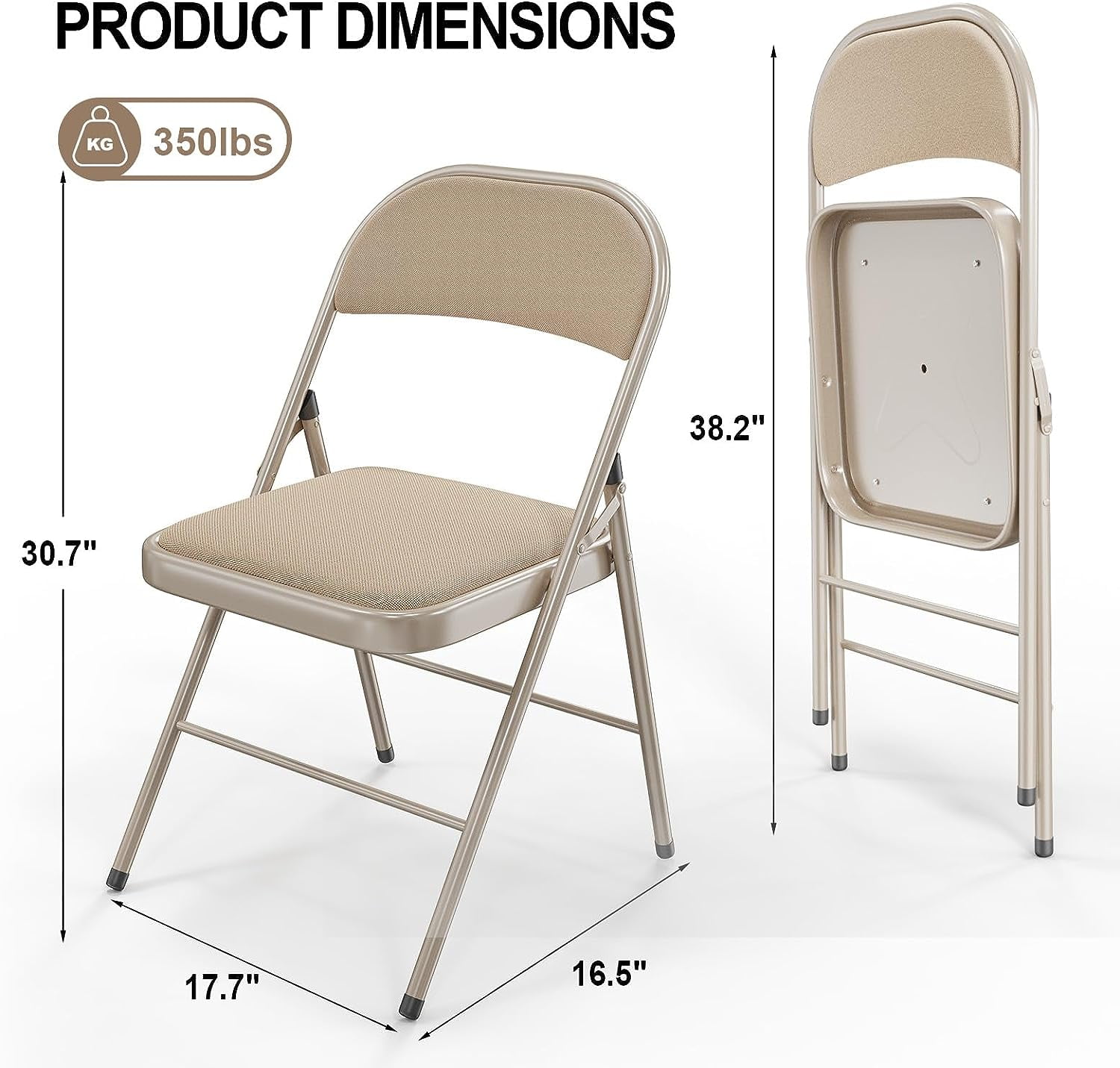 VINGLI Folding Chairs with Padded Seats, Metal Frame with Fabric Seat & Back, Capacity 350 lbs, Khaki, Set of 10