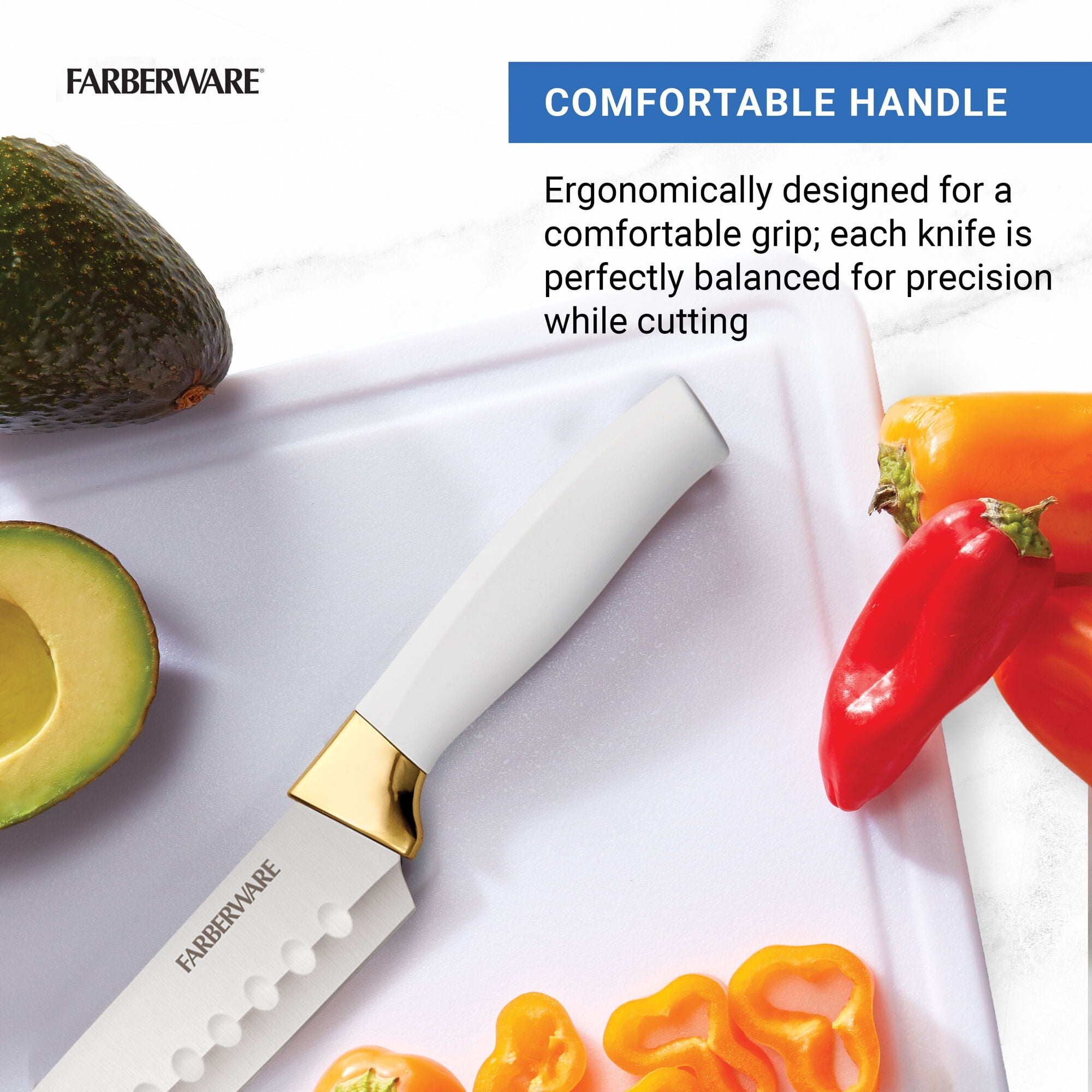 Farberware Edgekeeper Classic 14-Piece Knife Block Set with Built-In Knife Sharpener, White