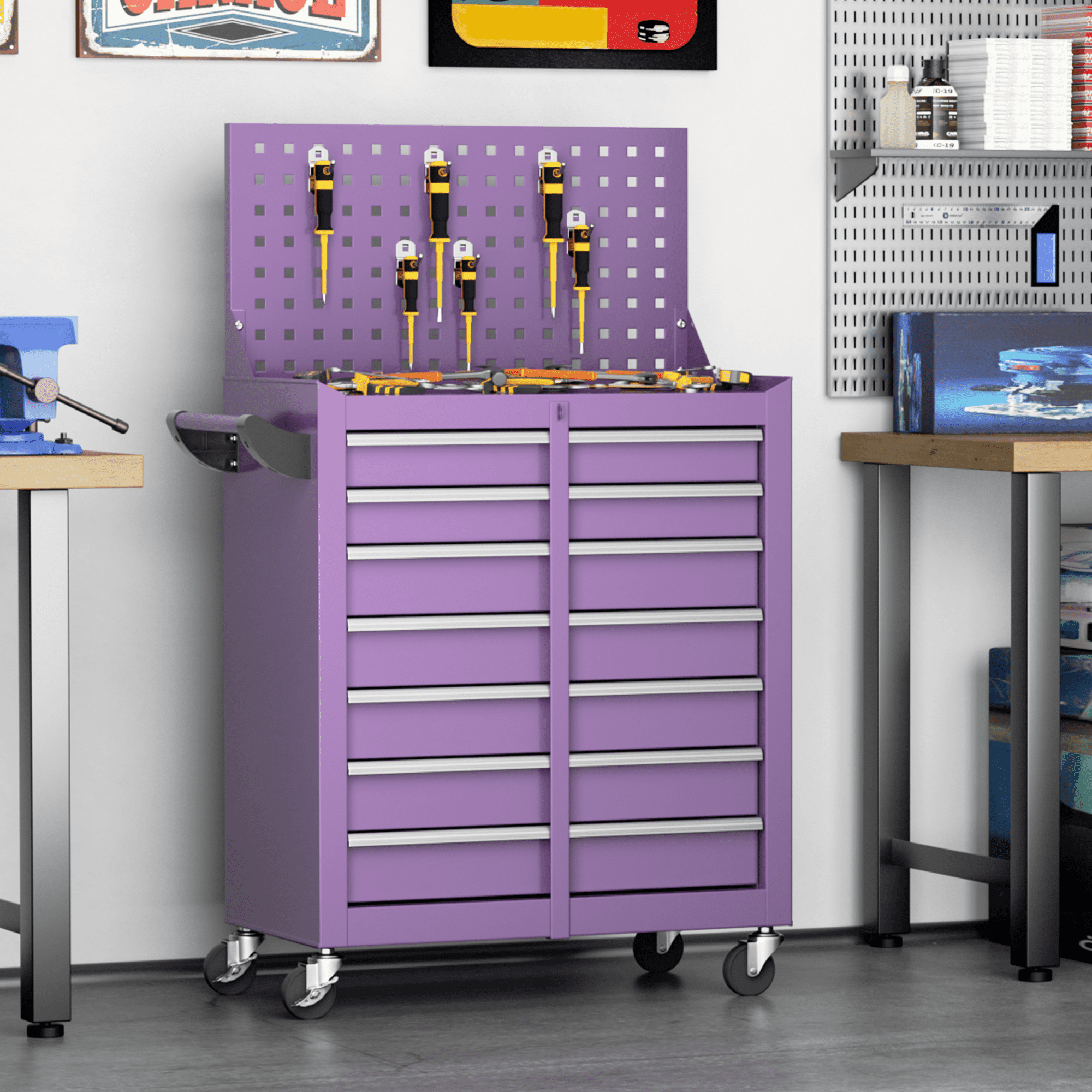 SUNCROWN 7 Drawers Rolling Tool Chest with Pegboard, Metal Tool Chest with Drawers, Tool Storage Cabinet with Wheels for Garage, Workshop, Repair Shop, Purple
