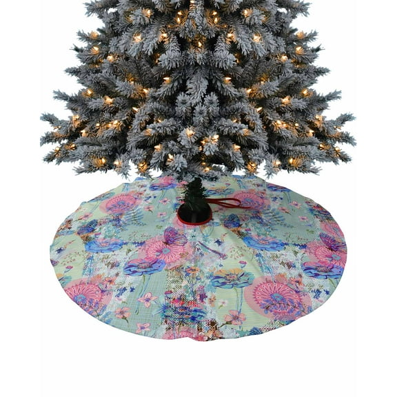 Teal Pink Christmas Tree Skirt 36 Inches Large Christmas Skirt Tree, Modern Abstract Art Floral Oil Painting Tree Skirt Christmas Decorations for Fireplace Party Holidays Indoor Outdoor