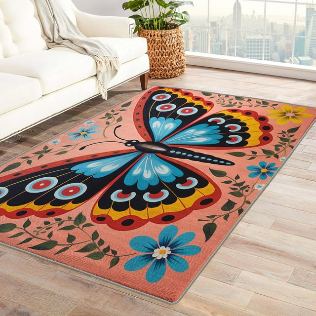 Butterfly Rug 2x3 Area Rugs Floral Rugs for Entryway, Animal Carpet for Bedroom Living Room, Machine Washable Non-Slip Indoor Door Mat, Soft Low Pile Area Rug, Small Decorative Rug la&140