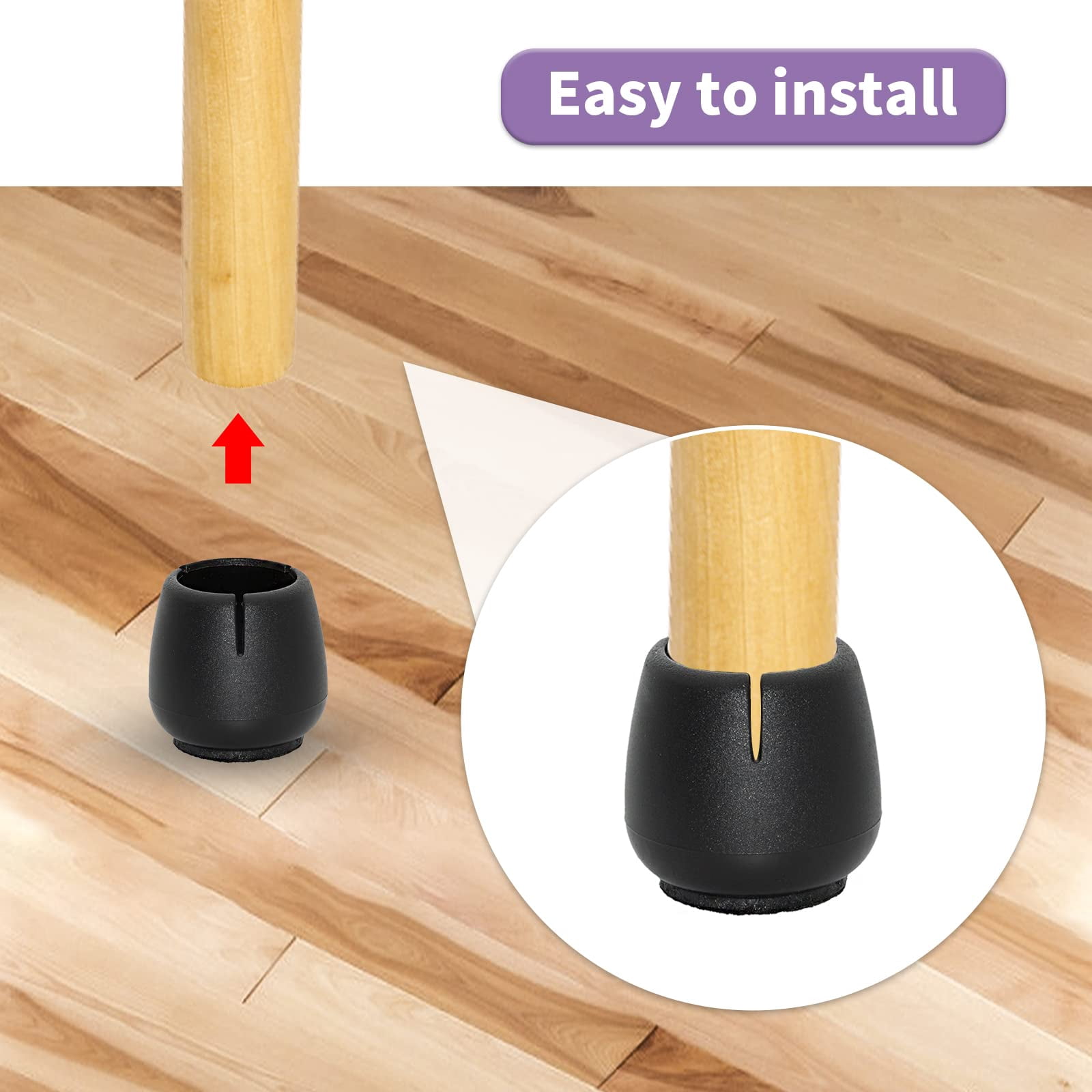 Flyshop 4 Piece Flexible PVC Furniture Legs Tips Round Chair Leg Caps with Felt Pads Hardwood Floor Protector, Black, 1-1/8" to 1-3/8" (29 to 33 mm)