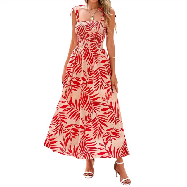 Vestido Maxi Bohemio de Verano para Mujer, Sin Mangas, Fruncido, con Tirantes Finos, Corte en A, Holgado, para Playa, Rojo, Talla M