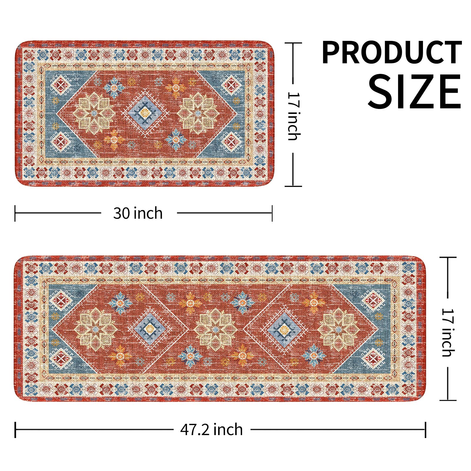Red Boho Kitchen Rugs and Mats Set of 2, 17"x47"+17"x30" Non-Slip Machine Washable Runner Rugs for Kitchen Floor, Soft Kitchen Mat Set for Home,Laundry Room,Floral Pattern
