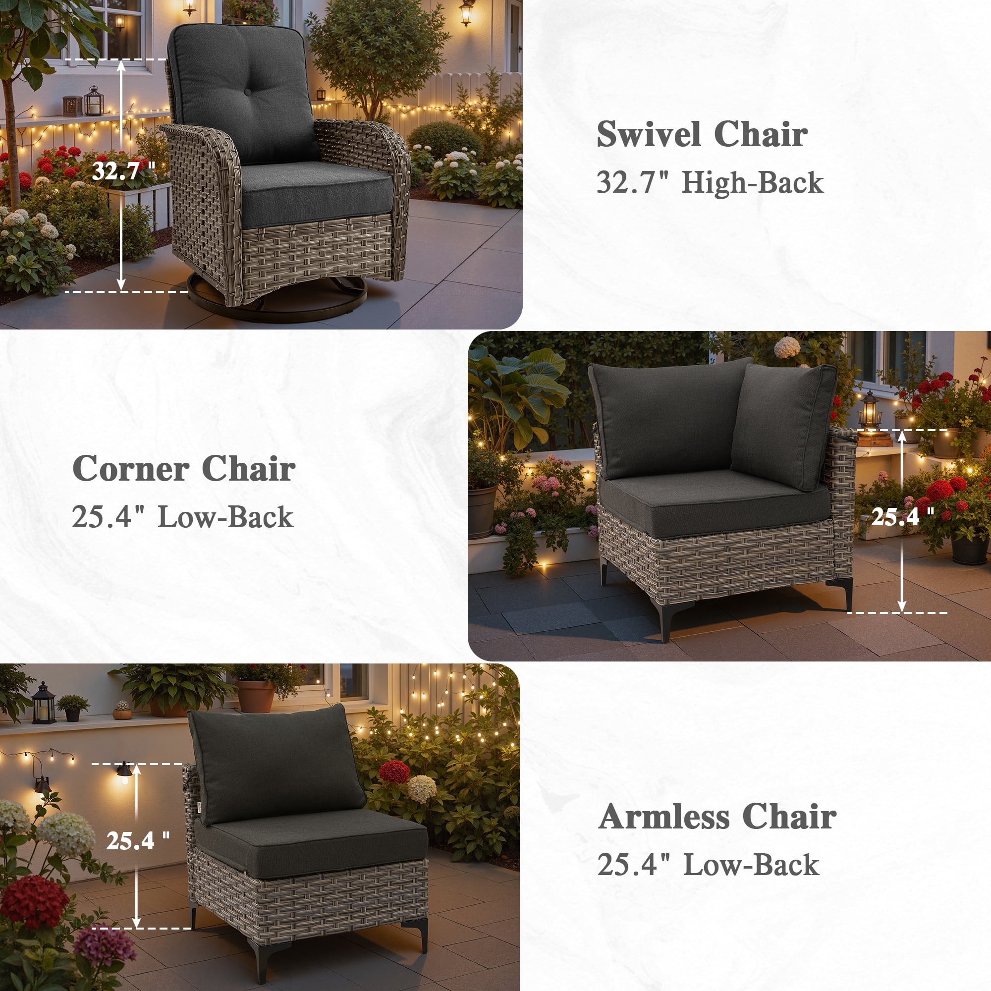 Ovios 10 Pieces Outdoor Patio Furniture All-Weather Wicker Sectional Conversation Set with Swivel Chairs & Solar Coffee Table, Black