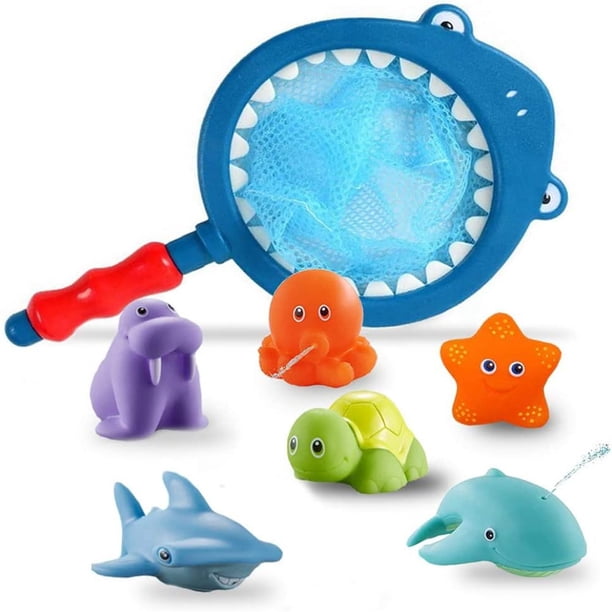 SeWooo Juego de 7 juguetes para la bañera para bebés, juguetes para la bañera a partir de 1 año, juguetes para la bañera, animales que lanzan agua para niños con red de pesca, juguetes para la bañera