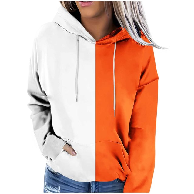 KIHOUT Chandails à Capuche Mode pour Femmes Manches Longues Imprimé en Blocs de Couleur Chandail Ample à Cordon de Serrage Automne Hiver avec Poche, Taille p-3TG
