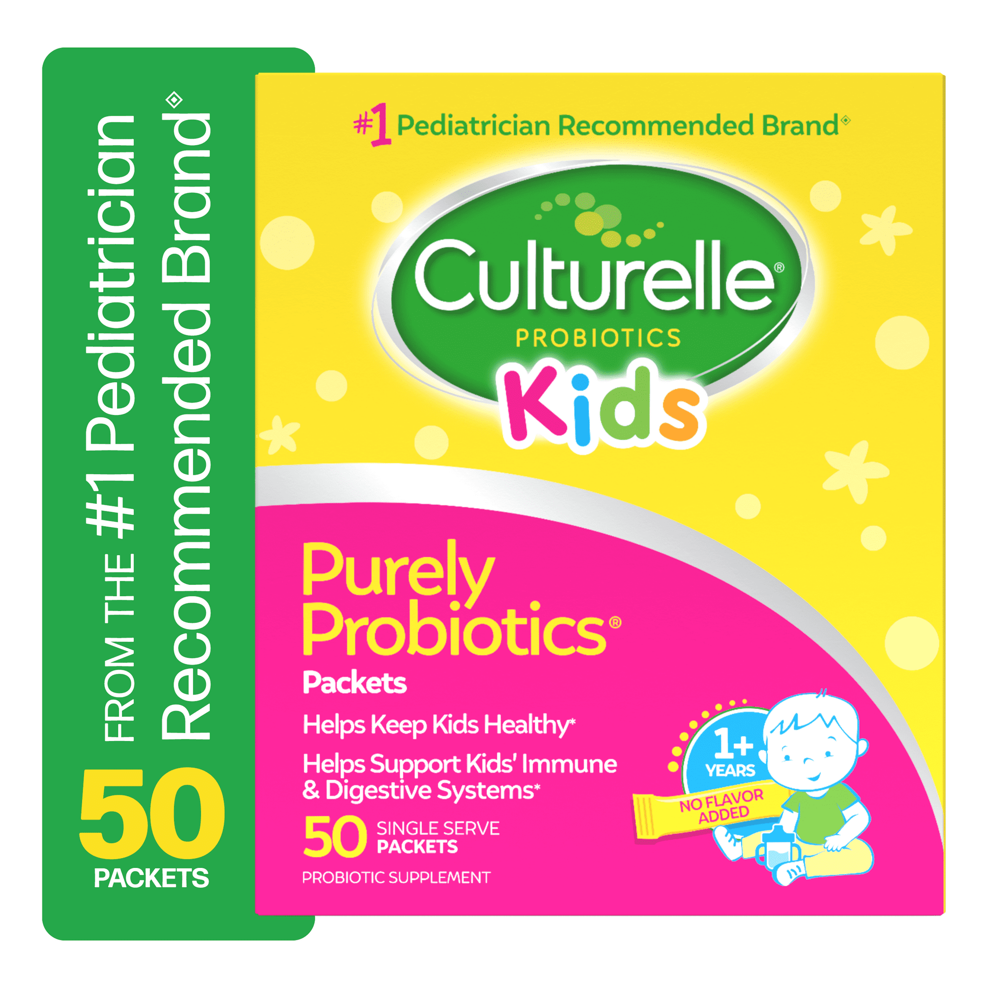 Culturelle Probiotics Kids Purely Probiotic Daily Ready-to-Mix Supplement, Immunity & Digestion Support for Children, No Flavor Added, 50 Packets