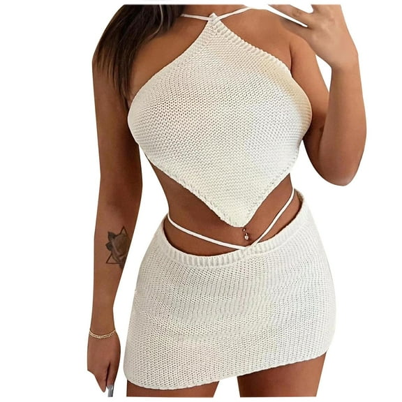 Women's 2023 Summer Two Piece Outfits Boho Strapless Tube Tops and Shorts Sets Beach Crop Tops and Shorts White S