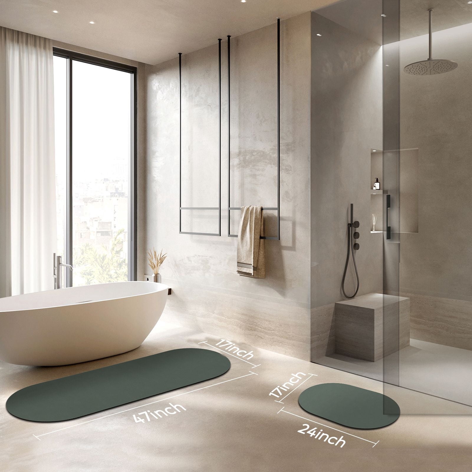 Phantoscope 2-Piece Diatomite Stone Bath Mat Set, Quick-Dry Non-Slip Bathroom Rugs, Dark Gray, 17 x 24 in and 17 x 47 in