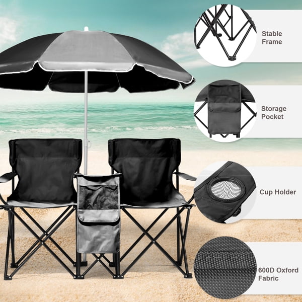 Alvantor 2-Seat Outdoor Folding Chair with Removable Umbrella for Beach, Camping and Fishing, Black