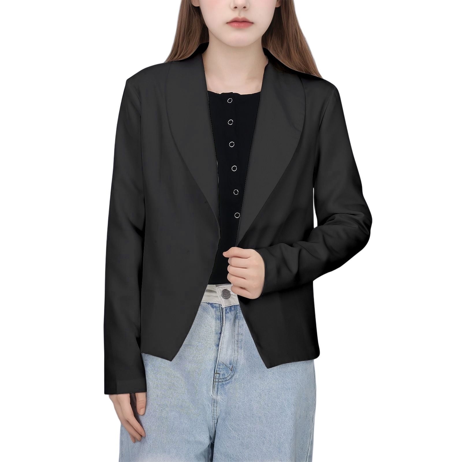 Blazer Pour Filles Ouvert Devant - Veste Costume Manches Longues à Revers - Uni, Décontracté - Pour école, Sortie