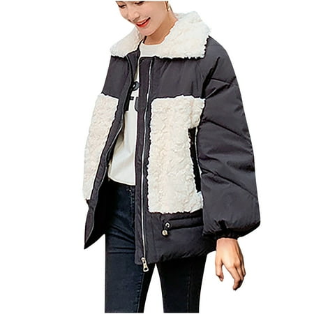 

Trench Coats for Women Fall Jackets for Women Women Trendy Pocket Zipper Integrated Color Block Warm Cotton Jacket Black Cardigan for Women Clearance Girls Winter Coats Black S