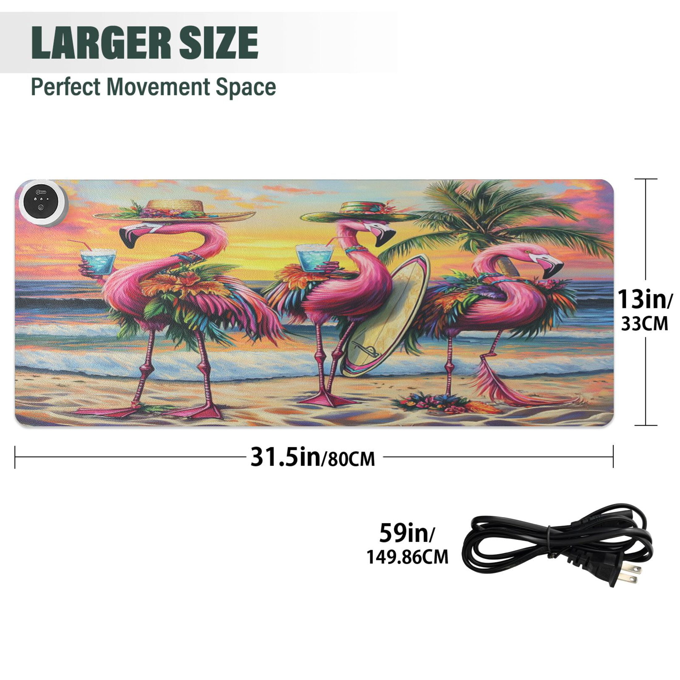 Wobogo Summer Flamingo Heated Mouse Pad Extra-Large Desk Mat With 3 Heating Levels and 3-hour Auto Shut-Off Protection Ideal for Computer Keyboards Home Office Hand-warming Essential 31.5in × 13in