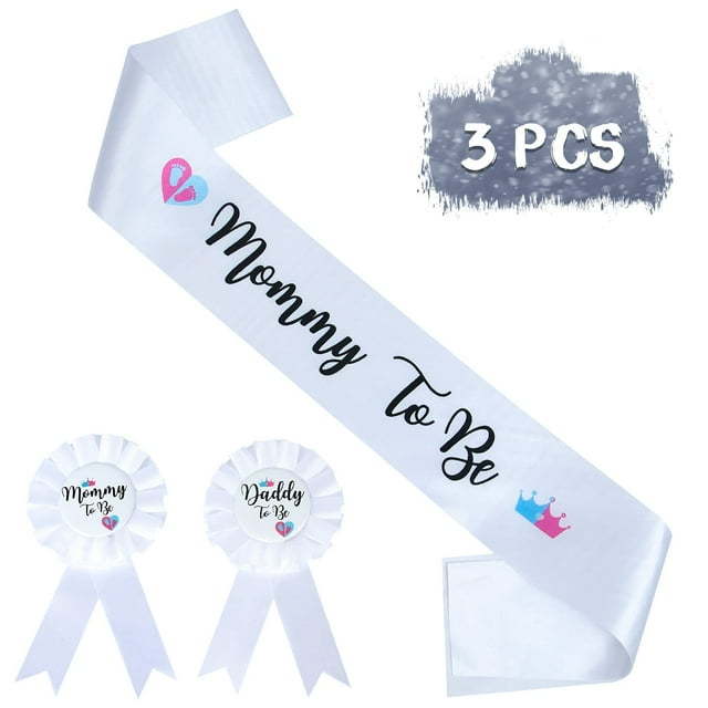 HAPPYLAND Decoraciones de revelación de género Faja e insignia de hojalata Mommy to Be and Daddy to Be Baby Shower