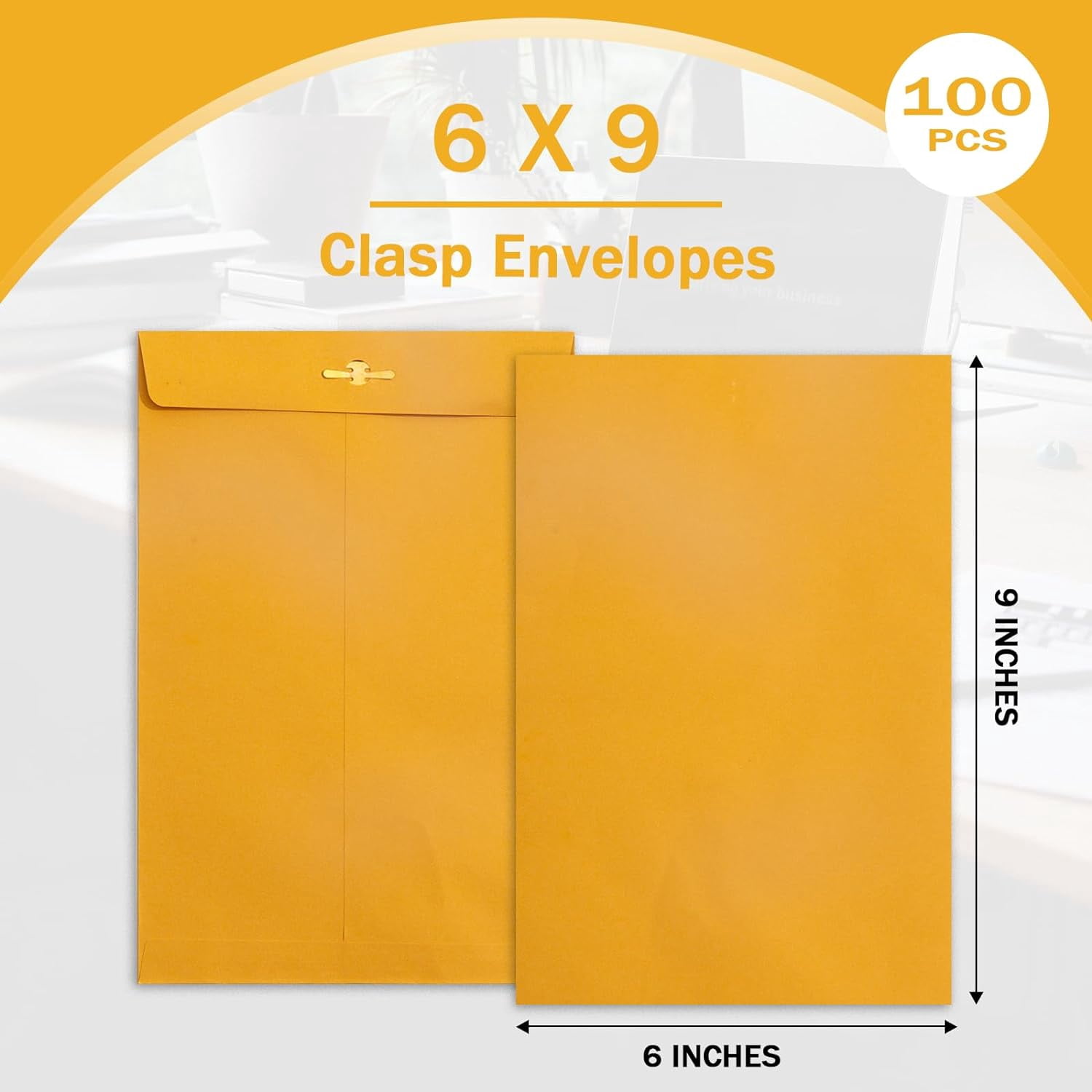 6x9 Clasp Envelopes - 100 Pack, Yellow Manilla Envelopes 6x9, 100GSM Heavy Kraft Paper, for Business, Legal, Office