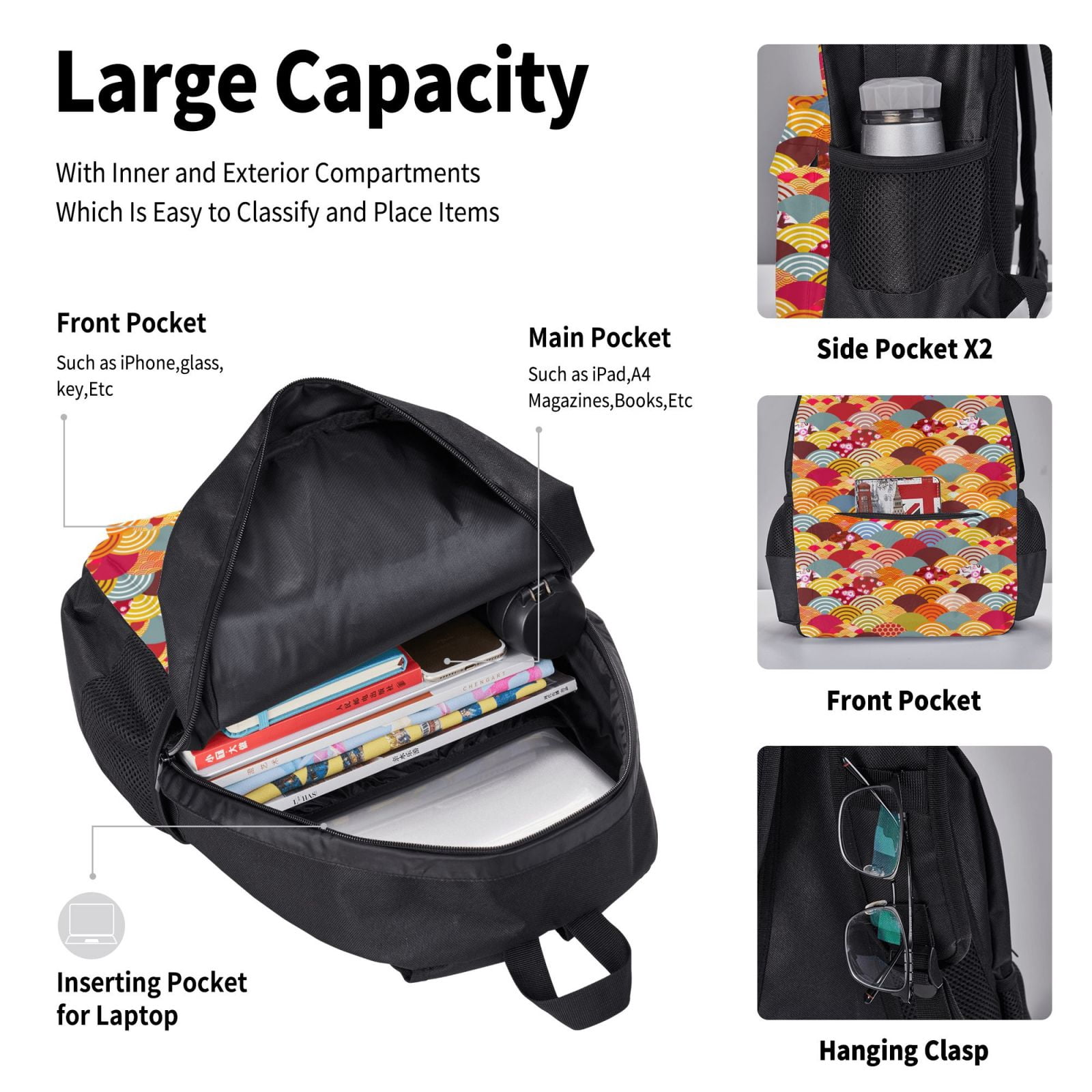 Naloa Japanese Style Fish Scales Print Large Capacity Backpack Lunch Bag Pencil Case Combination 3 Piece Set for Student