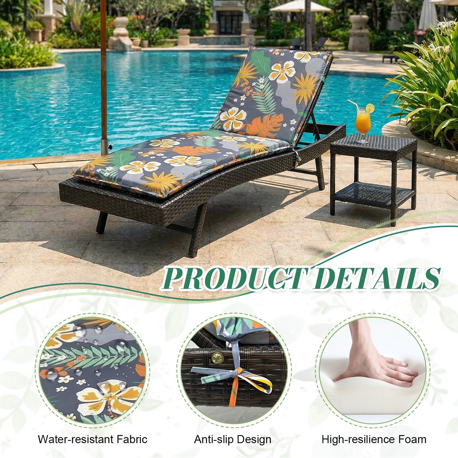 Eurhowing Outdoor Chaise Lounge Cushion 76"×23"×3", Waterproof Thick Patio Furniture Cushions with Straps, High-Density Foam Chair Pads for Poolside & Deck, 2 Pack, Floral