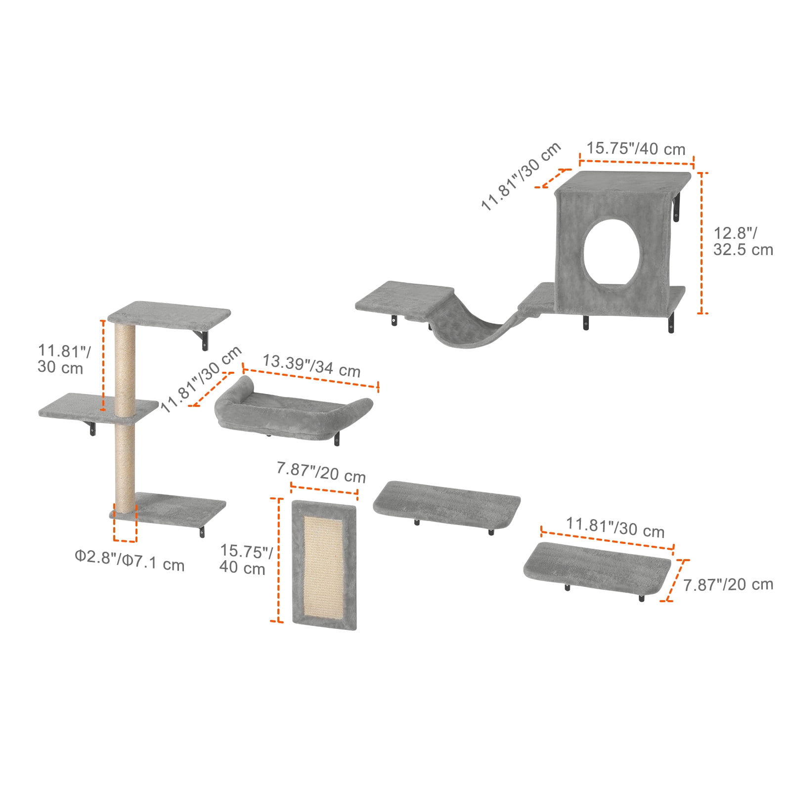 KFFKFF Cat Wall Mounts, Set of 6, Includes Jump Platforms, Hammock, Couch, Cat Tower & Grip, Cat Play and Rest Furniture, Supports up to 40 lbs, Ideal for Sleep, Play, and Climb