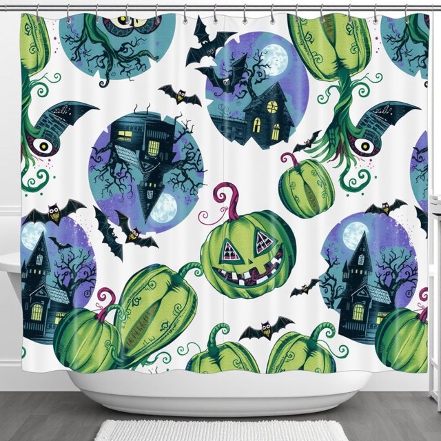 Whimsical Rideau de Douche Halloween avec Citrouilles Vertes, Chauves-Souris et Lunes Violettes