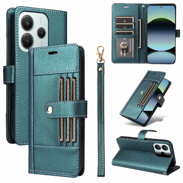 FOXDOCK Funda tipo Cartera para Xiaomi Redmi Note 14 5G – Cubierta de Cuero PU con Múltiples Ranuras, Bolsillo para Efectivo y Correa de Muñeca