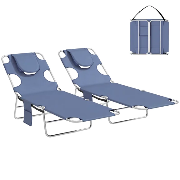 Set of 2 Tanning Chairs with Face Hole, 5-Position Adjustable Outdoor Lounge Chairs for Beach & Pool, Foldable Sun Loungers with Carry Strap & Side Pocket, Gray